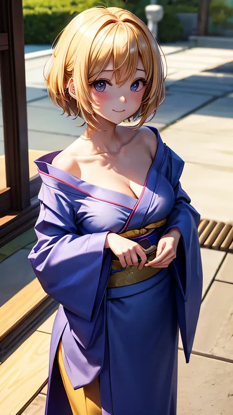 Best Quality、、Very cute、glad looking face、short-hair、Golden head hair、shrines、I want to blush、Staring at this、winc、Kimono、cleavage、3D rendering