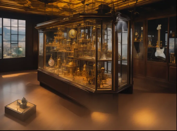 there is a showcase with many different watches, gabinete de curiosidades, uma loja steampunk, planetary, Mat Collishaw, wunderkammer, kris kuksi, Golden Lion of the Venice Biennale, Direction: Frederik Vermehren, Acervo do Museu, por Aleksander Gierymski,...