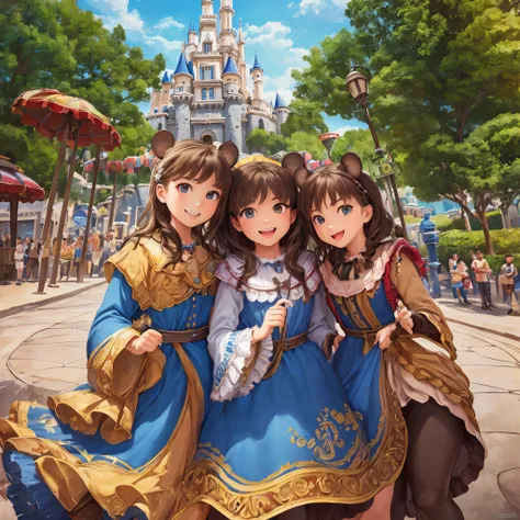 top quality, best quality, High-quality illustrations, masterpiece, super high resolution, detailed background, detailed background, An amusement park, Disneyland, group shot:0.5, 6+boys, 6+girls, Happy, joyful, absurdres(highly detailed beautiful face and...