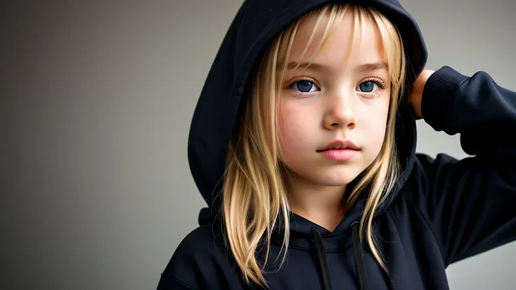 KIDS GIRL BLONDE in a black hoodie holding her head in her hands, KIDS girl wearing hoodie, in a black hoodie, close up portrait photo, gorgeous young model, in a hoodie, portrait black and white portrait, wearing a black hoodie