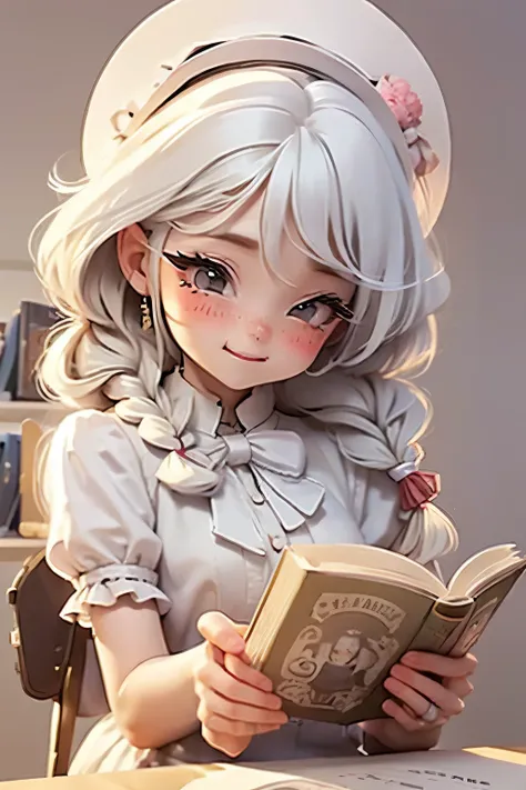 Lolli girl, braid hair, school, reading books, library background, white hair, cute shy happy pose, wearing TOP HAT