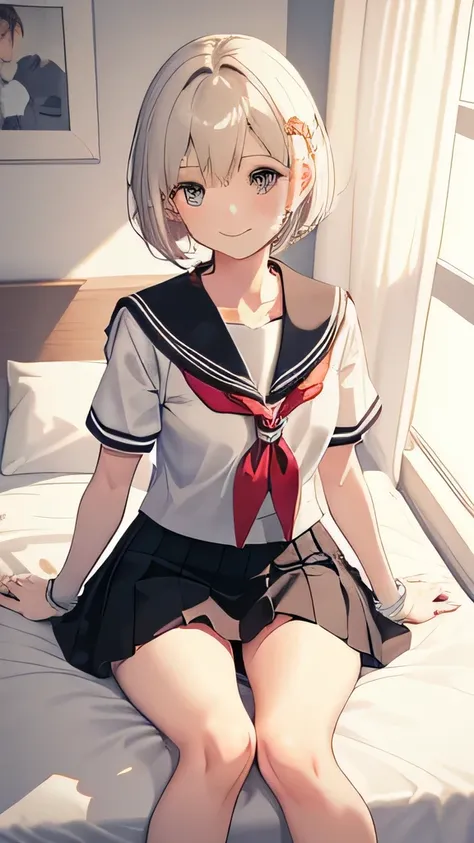 1girl in、A smile、Japanese、highschool、white sailor uniform、serafuku、cleavage、Very cute、glad looking face、short-hair、Golden head hair、3D rendering、bed room、black skirt