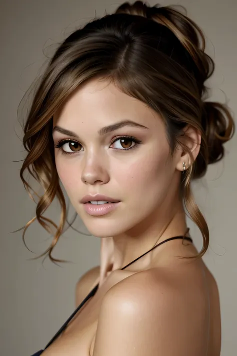 best quality, masterpiece, ultra high res, (photorealistic:1.4), rachelbilson, (teasing), (shiny skin:1), messy bun hair,