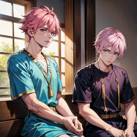 there are two handsome boys children young sitting in ancient egypt they are 14 years old pink hair