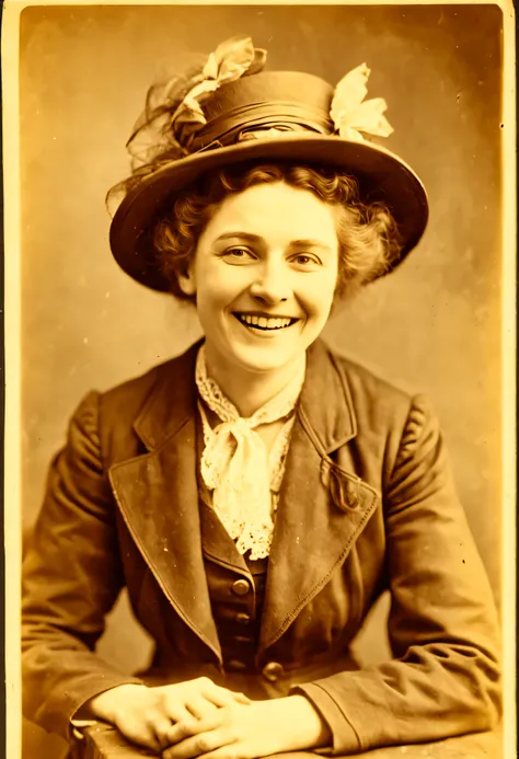 a smiling suffragette, sepia, scratchy vintage photograph