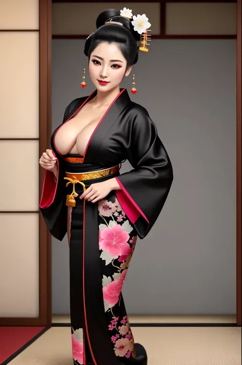 detailed realistic image of 1 young divine and gorgeously decorated oiran, (full body shot:1.5), traditional japanese beauty, sexual (black kimono:1.5) with gold and pink complex intricate highly detailed traditional pattern, (((traditional intricate geish...