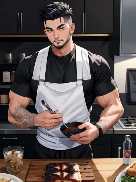 1boy,, chef-d&#39;artwork,best quality, Fushiguro Toji,muscular male,cheveux noirs,Black shirt It says Ragnarok Record on it ,manches courtes,pantalon,monstre