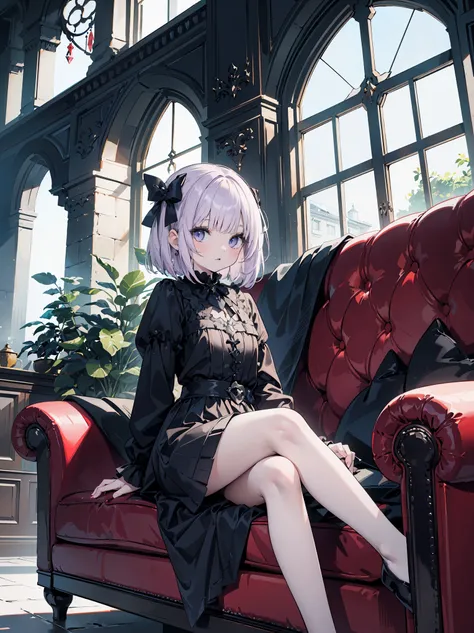 highest quality, table top, 1 girl, my, (thin:1.3), medium breasts, (lilac hair:1.3), Medium hair, wavy hair, (braid bob cut hair), (dull bangs:1.3), looking at the viewer, bow, (Medieval fantasy:1.3), Detailed sense of depth, (Hair bow:1.3), (Red Goss Ral...