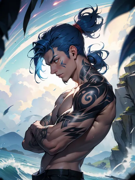 1 man, blue hair with ponytail, bright white eyes, Divine, God of the wind, light blue tornado-shaped tattoo on right arm, mature, shirtless