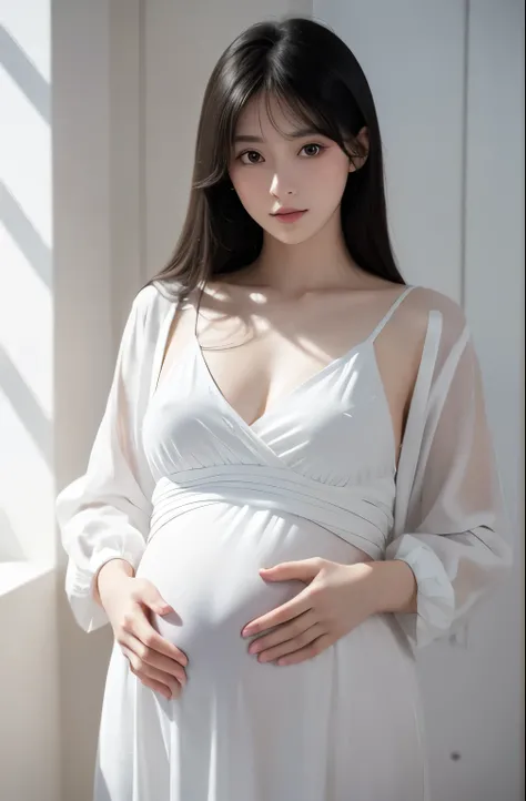  Anime girl in white clothes, pregnant, Realistic shadows, delicate skin, breasts are small, black hair, Very detailed, 8K high-detail face, perfect face shape, perfect lips, Perfect nose, Correct beautiful eyes, watch audience, masterpiece, best quality, ...