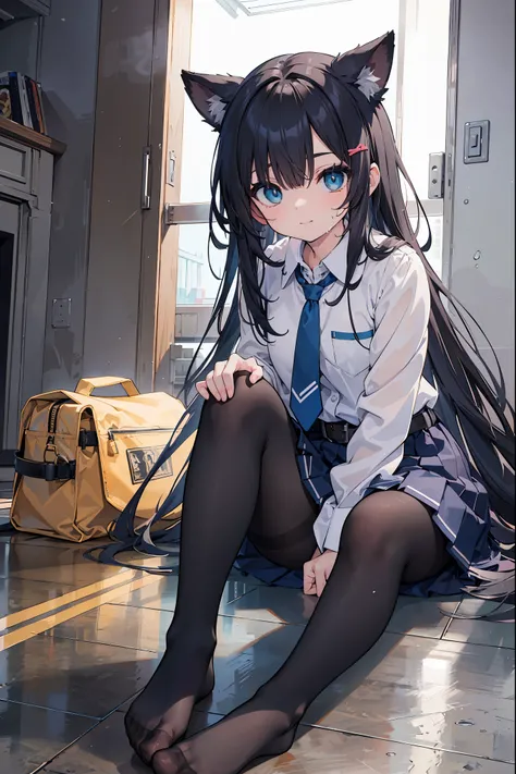 Takiinoue, Inoue Takina, Long hair, Bangs, Black hair, (Purple eyes:1.2), BREAK shirt, Long sleeves, Dress, bow ribbon, School uniform, White shirt, Collared shirt, Belt bag, Neck ribbon, Blue Dress, Green Ribbon, pleated dress, grey dress, Two-tone dresse...