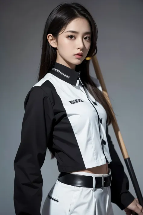 A Realistic cool girl , black uniform , with billiard staff , background solid