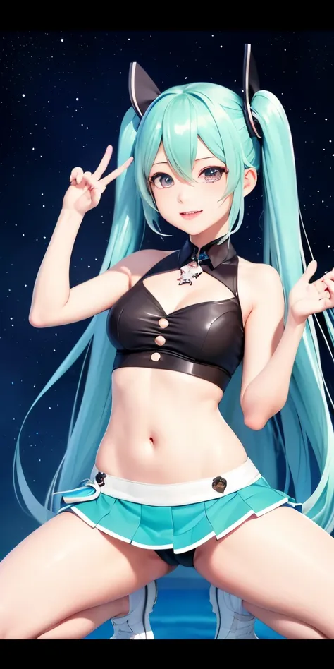 Hatsune Miku、Anime girl with long hair and a gun in her hand,Shimashima Pantiesがよく見える、show white panties,Hatsune Miku、Squatting、spread legs、show panties,super mini skirt、緑と白のShimashima Panties、From miniskirt to c Kantai Collection style,Shimashima Panties、...