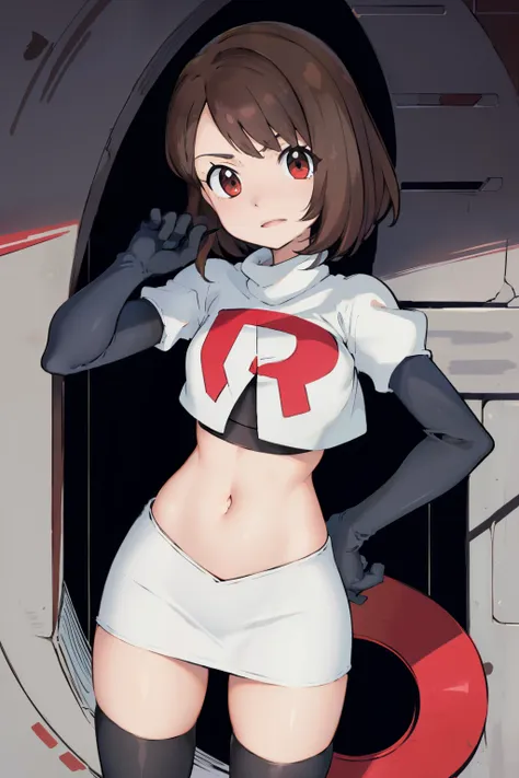 gloria \(pokemon\), cowboy shot, team rocket,team rocket uniform, red letter r, white skirt,white crop top,black thigh-highs,bla...