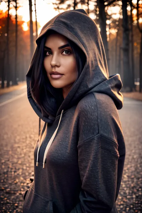 three quarter body photo of beautiful woman, carynm windy atmosphere, (volumetric mist:0.6), steamy breath, dark hoodie, high quality photography, depth of field, duo tone light, muted colors, autumn, sharp focus, three quarter view of the face, partially ...