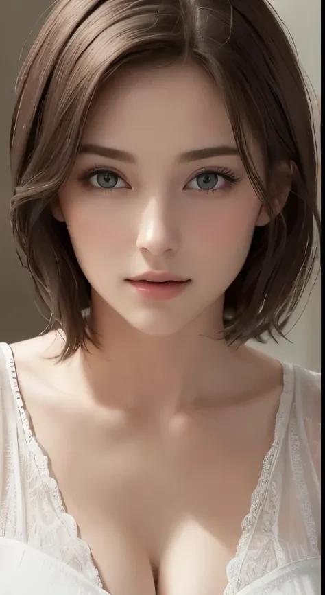 (masterpiece、highest quality、photorealistic、High resolution、photograph、:1.3)、close up shot、sharp focus、one brunette girl、30 years old mature woman、small face、no makeup、、hot models、Highly detailed eyes and pupils、realな肌、slim body shape、Bust B Cup、、cleavage、...