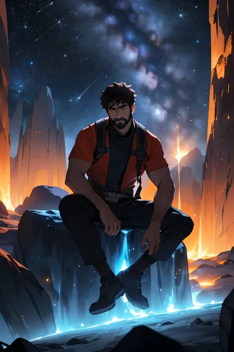 Desenhe um jovem programador, sitting on a research platform floating in the middle of an asteroid belt. He is studying with a notebook, surrounded by several asteroids glowing with auras of fire. Dramatic lighting from distant stars and planets illuminate...