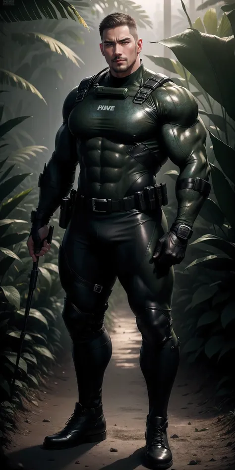 High, huge, muscular police officer with his mouth open and screaming..，Khaki camouflage uniform，character idea（Resident Evil - chris redfield，chris redfield）senior police officer，Wearing a khaki camouflage wetsuit，Matte texture，regular symmetrical texture...