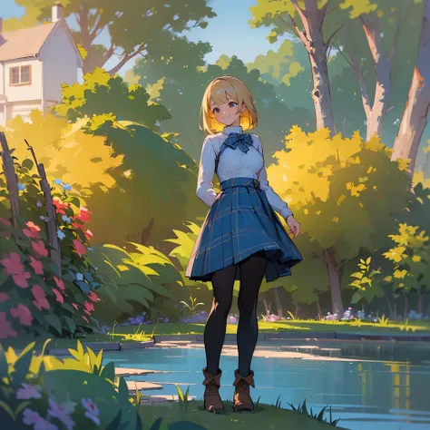 (high quality, high resolution, Super detailed, Reality:1.37), peaceful atmosphere, (outdoor, garden), Teenage girl standing alone, (My breasts are big.), Beautiful detailed features, cute smile, (blonde bob hair), ribbed sweater, blue plaid skirt, Black t...