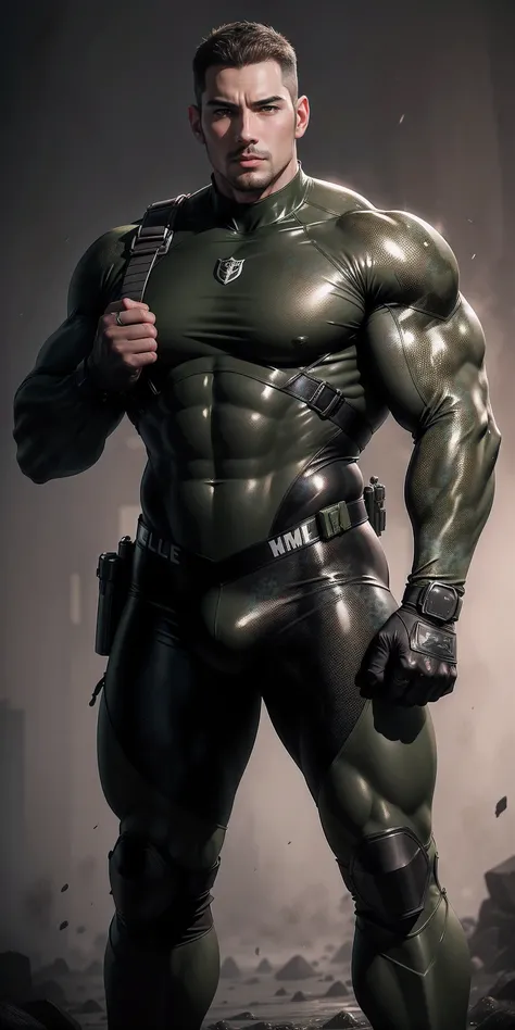 High, huge, muscular police officer with his mouth open and screaming..，Khaki camouflage uniform，character idea（Resident Evil - chris redfield，chris redfield）senior police officer，Wearing a khaki camouflage wetsuit，Matte texture，regular symmetrical texture...