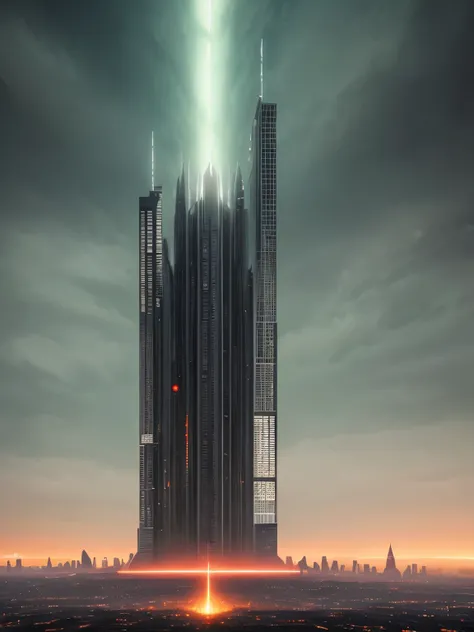 The picture depicts a surreal and futuristic landscape, with a mix of awe-inspiring beauty and horror. The sky is a deep, pulsing red, with dark clouds that seem to be alive and moving. In the distance, a massive cityscape can be seen, with towering skyscr...