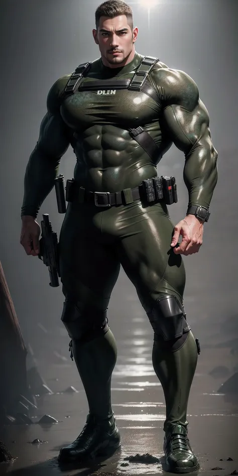 Tall giant muscular police officer.，Khaki camouflage uniform，character idea（Resident Evil - chris redfield，chris redfield）senior police officer，Wearing a khaki camouflage wetsuit，Matte texture，regular symmetrical texture pattern，Standing in a swamp of dirt...