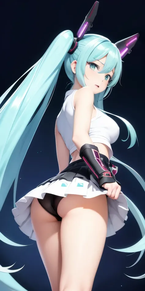 Hatsune Miku、Anime girl with long hair and a gun in her hand,Shimashima Pantiesがよく見える、Hatsune Miku、（Squatting down and opening her legs and showing her panties 1:4）、、spread legs、show panties,super mini skirt、緑と白のShimashima Panties、From miniskirt to c Kanta...