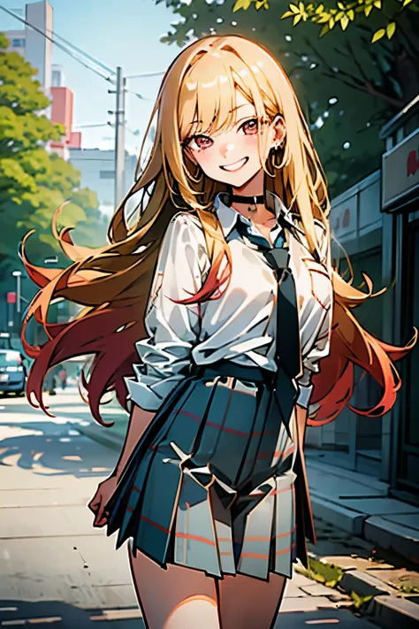 masterpiece, best quality, highres, kitagawa marin, 1girl, blonde hair, long hair, multicolored hair, red eyes, jewelry, earrings, piercing, school uniform, white shirt, tied shirt, black choker, blue necktie, plaid skirt, grin, smile, standing, cowboy sho...