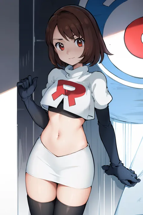 gloria \(pokemon\), cowboy shot, team rocket,team rocket uniform, red letter r, white skirt,white crop top,black thigh-highs,bla...