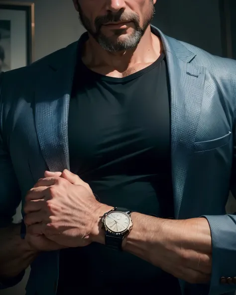 Mature and stable successful man in his 40s, macho, foto de meio comprimento, hands wearing a watch, fundo preto, fotografia de retrato real, High definition,  