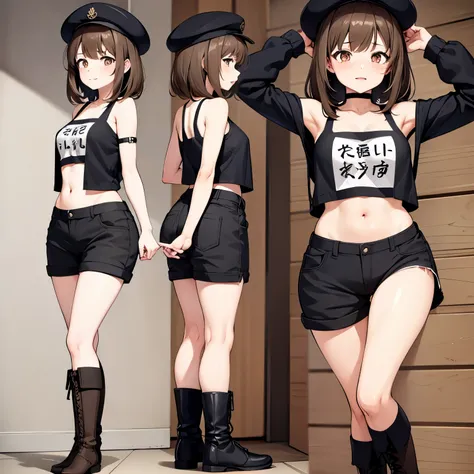 An 26 years old anime girl, a bit short female about 163cm, with brown messy hair and hazel eyes. She is of a very attractive body type (slim with a nice curves) who wears black military clothes that consists of a tank top and shorts, black military boots ...