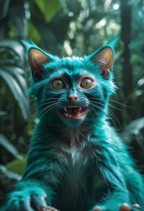 (hybrid:1.10) (monkey:0.95) (cat:1.05), (merge:1.1), teal, inside candy-jungle, surreal happy photographic, realism pushed to extreme, fine texture, incredibly lifelike, cinematic, large format camera, photo realism, DSLR, 8k uhd, hdr, ultra-detailed, high...