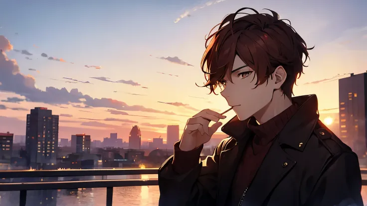 Draw a picture of a male character with red-brown hair smoking a cigarette in the background of a sunset city.
