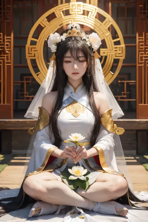 A serene Guanyin Bodhisattva, sitting cross-legged under a canopy of white lotus flowers, dresses in a pristine white robe with matching legwear, white ribbons adorning her bun and veil. Her face is pale and tranquil, long dark hair cascading around her sh...