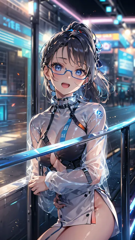 woman,14 years old,,city,night,(((white and blue tight miniskirt bodysuit))),,open mouth smile((See-through))Glasses,((Beautiful long ponytail)),((baby girl body shape))