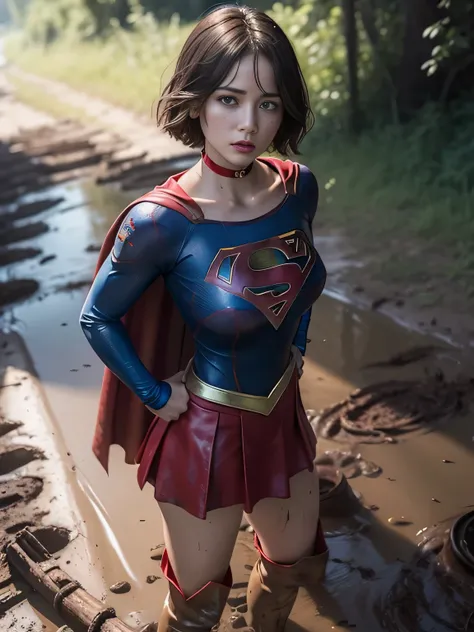 masterpiece、Short-haired supergirl stuck in a quagmire、big and full breasts、look at the camera、shiny costume、Tattered、Mud stains、Covered in mud、choker、long sleeve、red mini skirt、Red enamel boots、pushed down