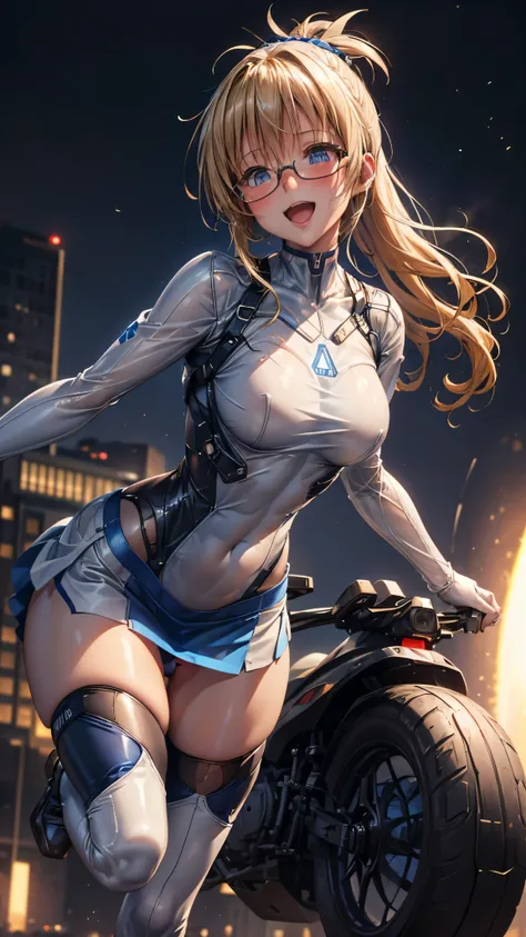 woman,25 years old,,city,night,(((white and blue tight miniskirt bodysuit))),,open mouth smile((See-through))Glasses,((Beautiful long ponytail)),(()),blush、surprised face,((())),((blonde))(((On the way to changing clothes)))(((While undressing)))