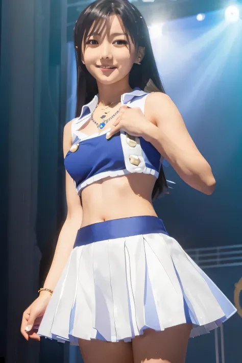 (((pixel perfect, Perfection with attention to detail))), alone, 1 girl, Chihaya Kisaragi, stage, Idol, bare shoulders, necklace, looking at the viewer, :d, smile, break (small breasts:1.5)