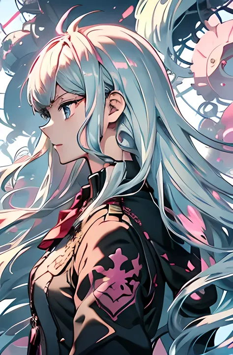 {Masterpiece}, {Top quality}, anime girl with long white hair and blue eyes with a pink background, digital art from danganronpa, persona art style, nagito komaeda, persona 5 art style, anime abstract art, profile of anime girl, girl with white hair, best ...