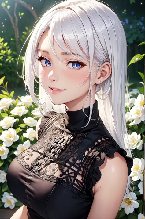 (High quality, High resolution, Fine details), surrounded by blooming flowers in a garden, black Knit material, sleeveless high neck clothes, elegant posture, solo, curvy women, white hair, sparkling eyes, (Detailed eyes:1.2), smile, blush, Sweat, Oily ski...