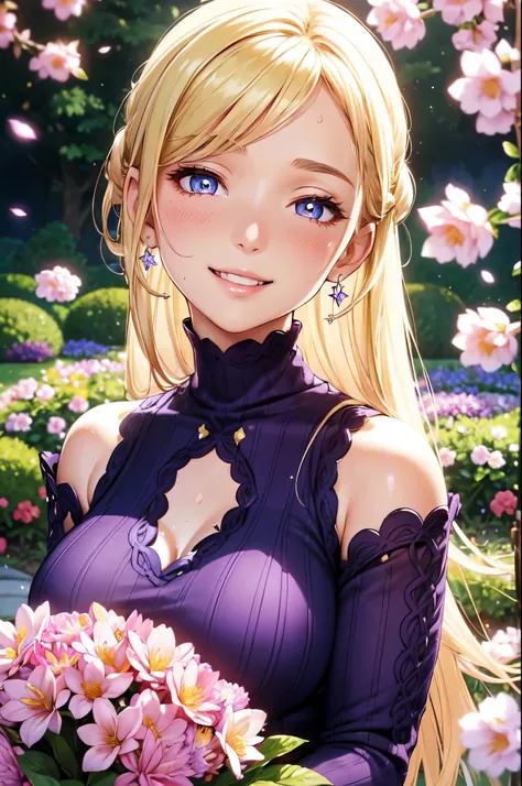 (High quality, High resolution, Fine details), surrounded by blooming flowers in a garden, purple Knit material, sleeveless high neck clothes, elegant posture, solo, curvy women, blond hair, sparkling eyes, (Detailed eyes:1.2), smile, blush, Sweat, Oily sk...