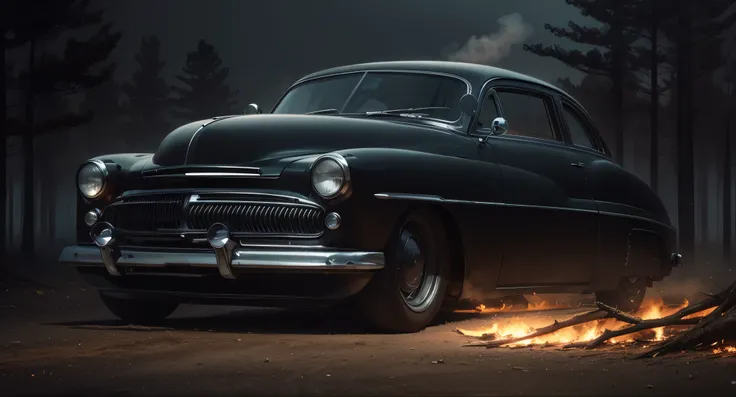  zoom view Generate a cinematic and realistic scene featuring a black Merc 49 with lots of steam in little dark setting with foggy weather in the forest with dead trees 