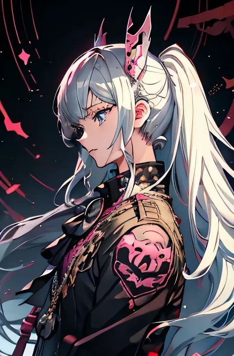 {Masterpiece}, {Top quality}, anime girl with long white hair and blue eyes with a pink background, digital art from danganronpa, persona art style, nagito komaeda, persona 5 art style, anime abstract art, profile of anime girl, girl with white hair, best ...