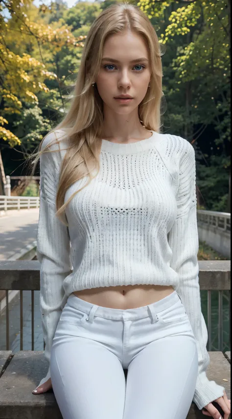 A beautiful woman with a long, slender face, blond hair reaching down to her back, and a tall, model-like figure. Bright white skin big blue eyes Wear a white sweater Wear tight black pants. Sitting on the edge of a bridge in a park, every detail is clear,...