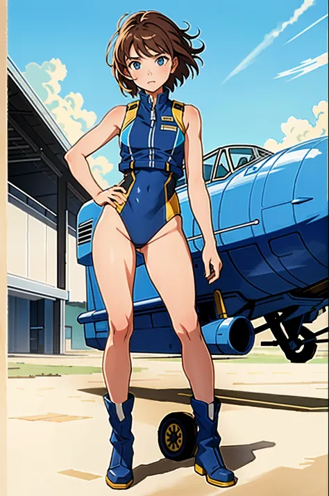 (masterpiece),( best quality), 1girl, pilot, leotard, bare legs, boots, solo, solo focus, sleeveless, hands on hip, standing, full body shot, cowboy shot