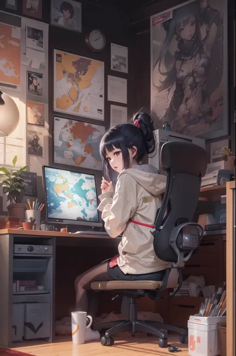 a young anime girl, black hair, brown eyes, living room, sitting at computer desk, couch, posters, trinkets, neo-tokoyo, (8k,UHD), Extreme detailed, HD, intricate detailed, (8k Resolution),  inspired by Sasucchi95, unreal engine 5