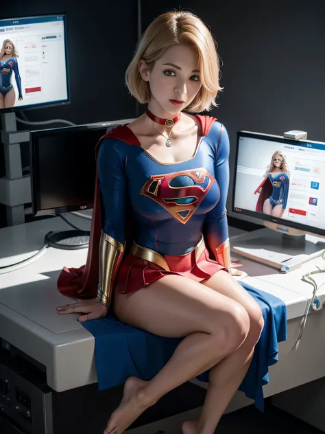 masterpiece,supergirl costume, short hair, barefoot, big and full breasts,operating room、operating table、straddle、damaged、shiny、look at the camera、Seduce、Estrus、choker、long sleeve、red mini skirt