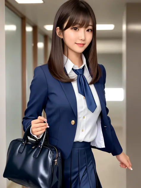 product quality, 1girl, upper body shot, front view, a Japanese young pretty girl, long bob hair, walking with a big smile on a crowded corridor in a high school, glamorous figure, wearing a dark blue blazer over a white collared silky satin shirt, shiny s...