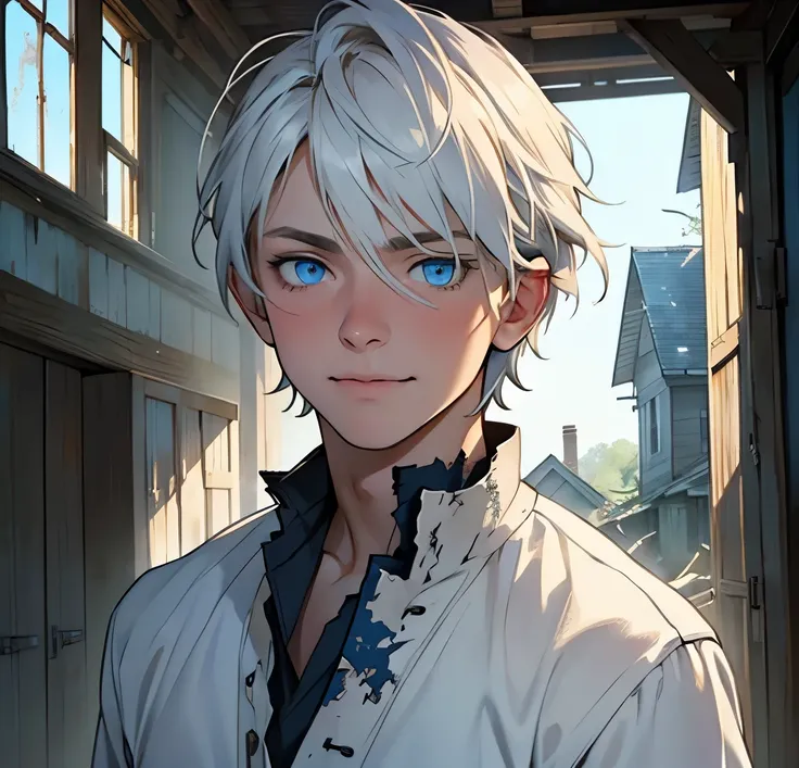 (a boy with blue eyes,ultra-detailed,realistic:1.37,masterpiece:1.2), young, masculine Caucasian, medium length white hair, tattered clothes, gentle smile, eight years old, environment of ruined houses