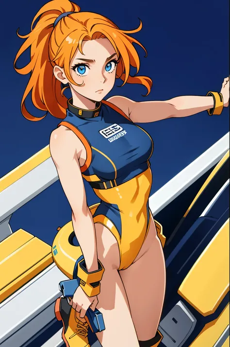 (masterpiece), (best quality), 1girl, pilot, leotard, bare legs, boots, solo, solo focus, sleeveless, standing, full body shot, cowboy shot, beautiful face, detailed eyes, symmetric eyes, yellow-orange hair, ponytail